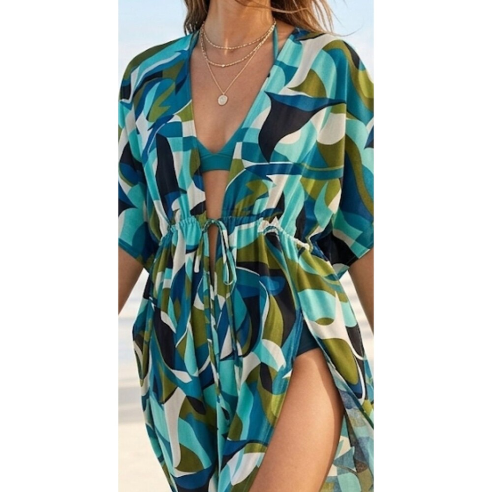 Room Mates Women's Beach Cover up with Bold Geometric Prints Drawstring Size M